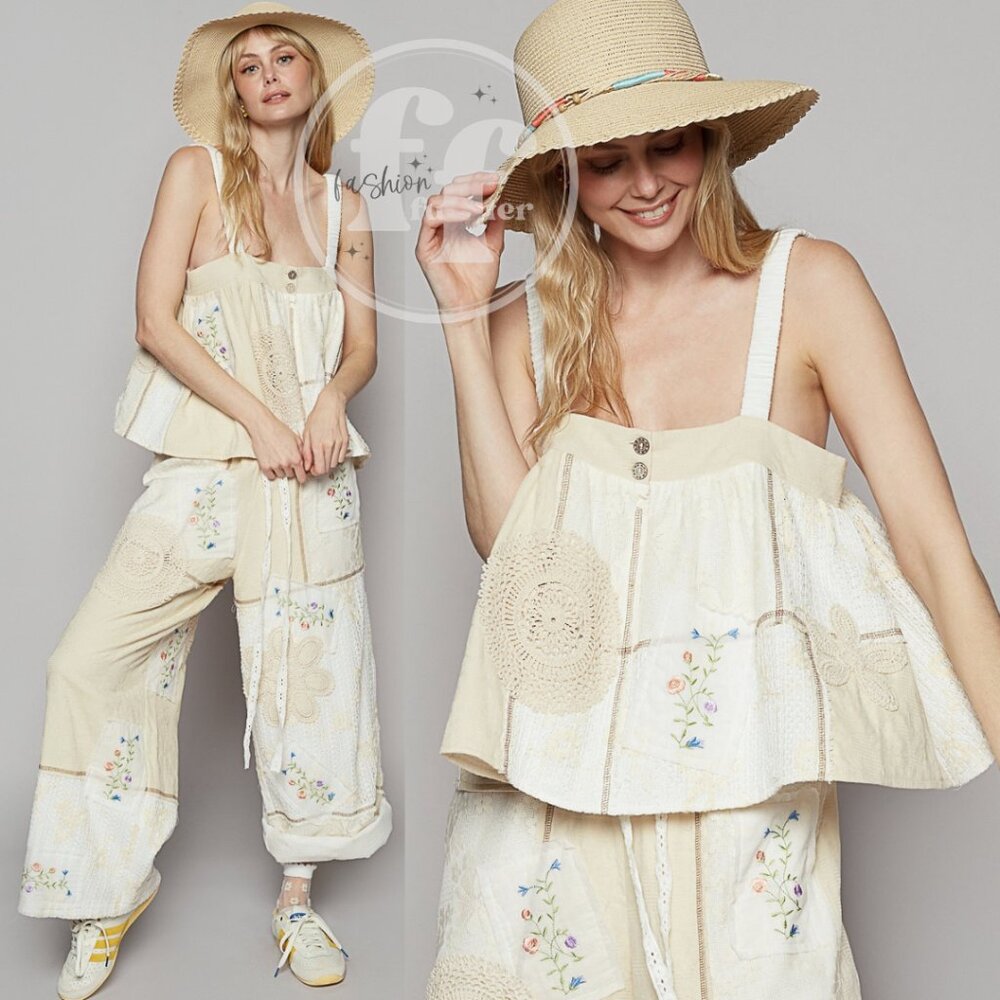 POL Floral Embroidered Crochet Lace Patchwork Swing Tube Top Cami Natural Cream